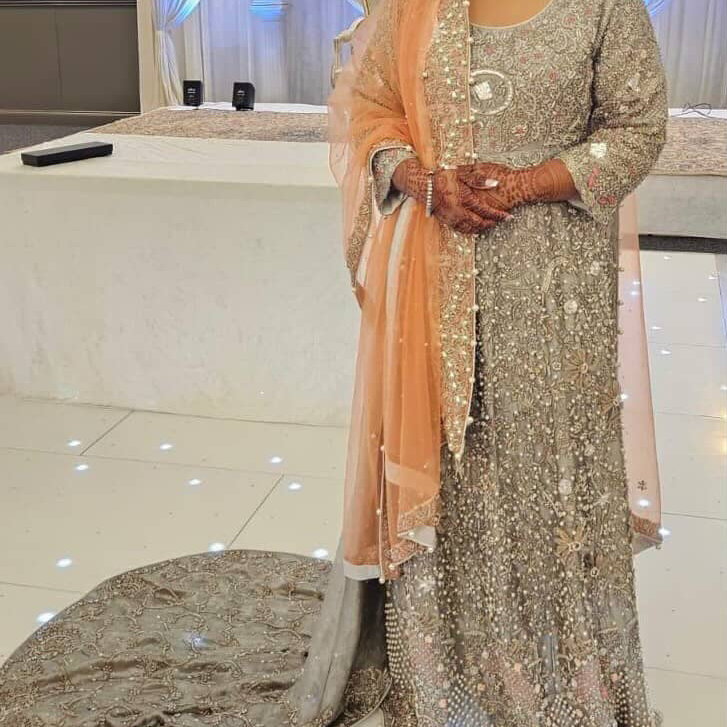 Preloved silver and peach Indian wedding dress with trail