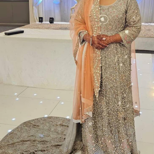 Preloved silver and peach Indian wedding dress with trail