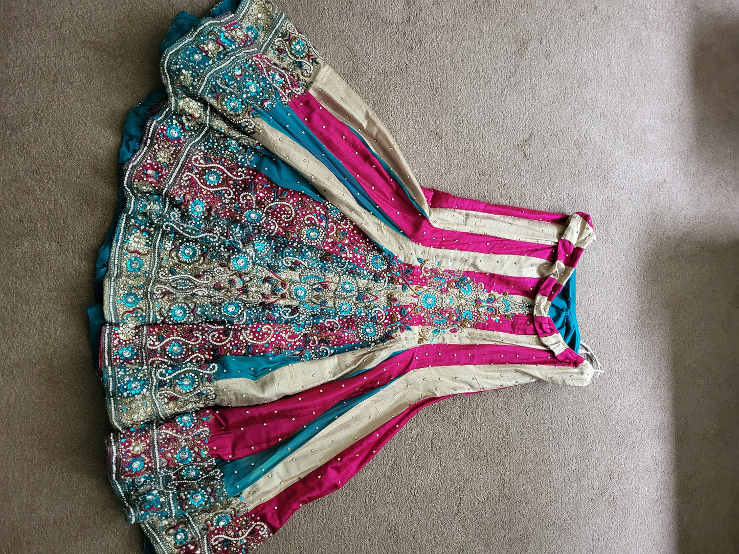 Turquoise, Pink and Gold Heavy Indian Lehenga 