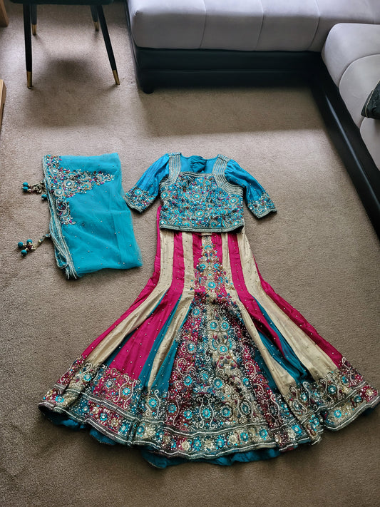 Turquoise, Pink and Gold Heavy Indian Lehenga 