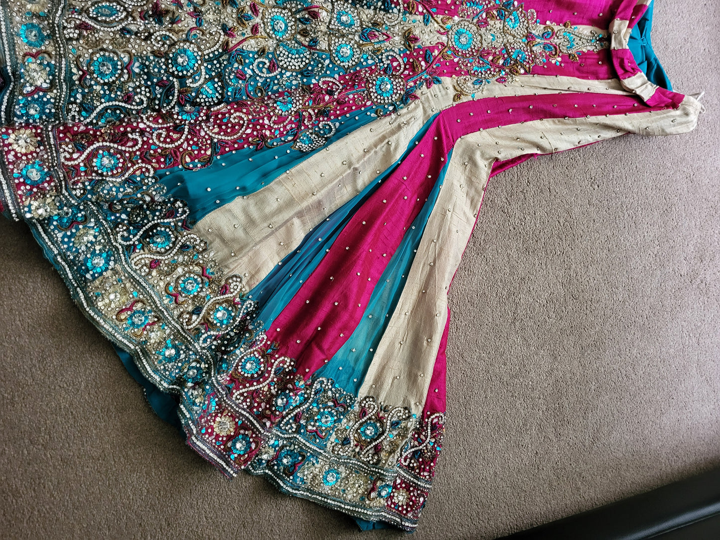 Turquoise, Pink and Gold Heavy Indian Lehenga 
