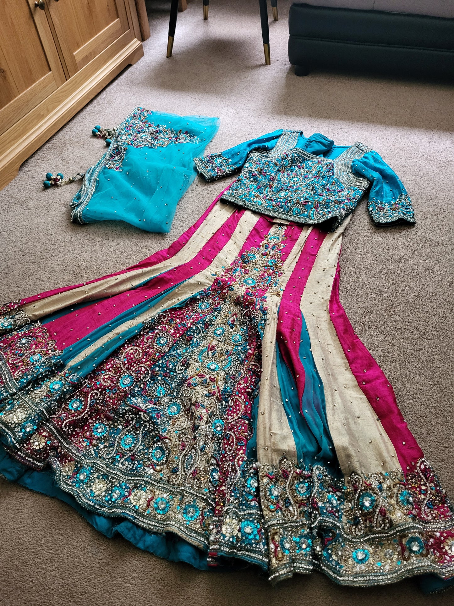 Turquoise, Pink and Gold Heavy Indian Lehenga 