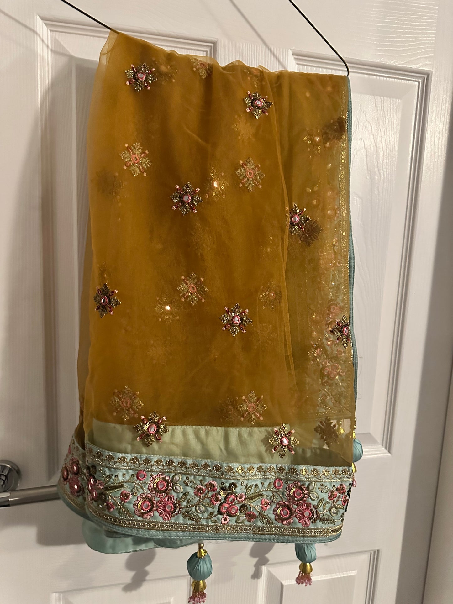 Large Light blue lehenga with pink flower detail