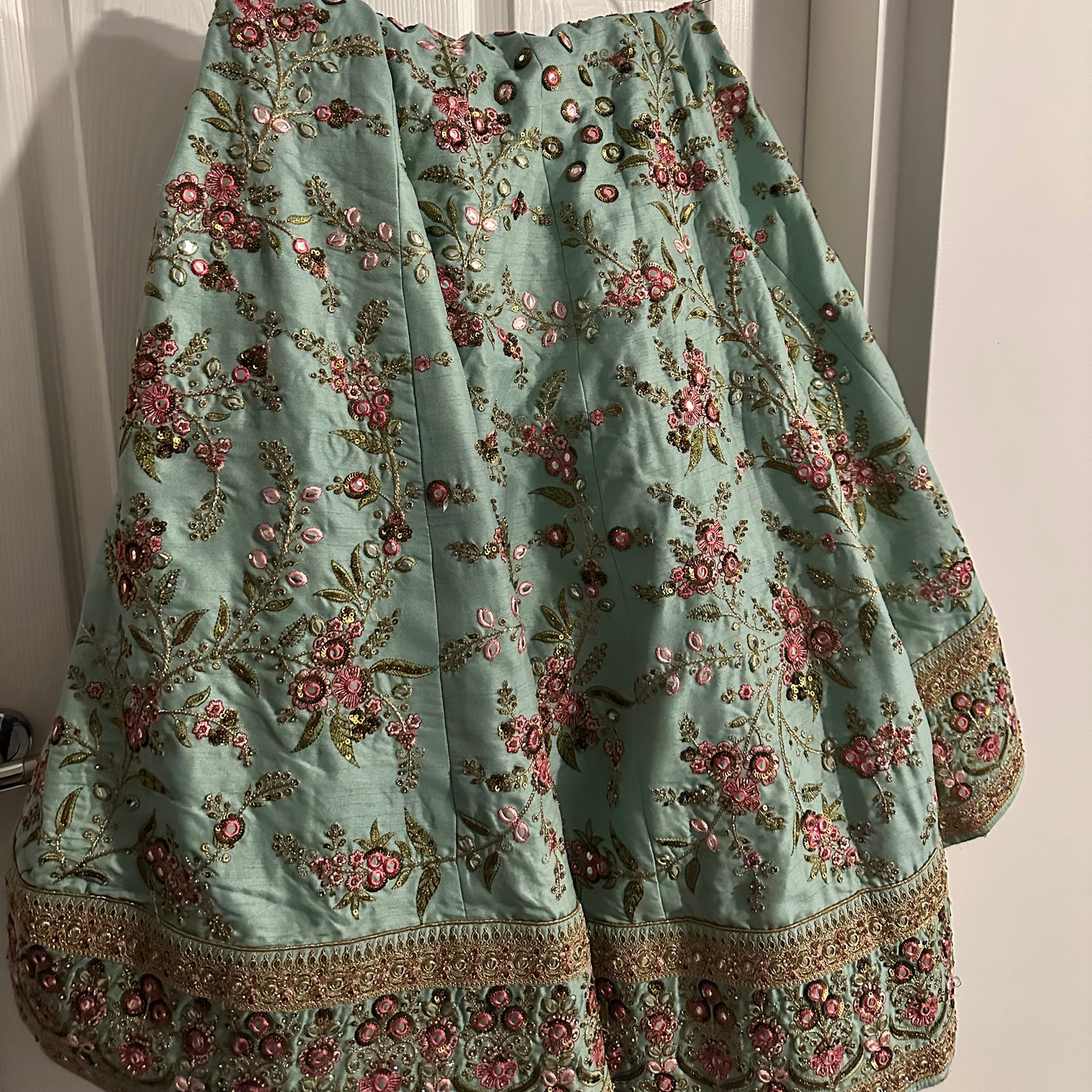 Large Light blue lehenga with pink flower detail