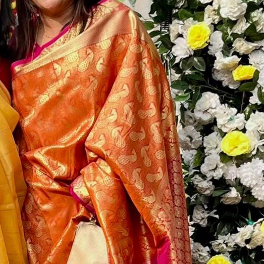 Preloved Indian Orange and Gold Silk Saree