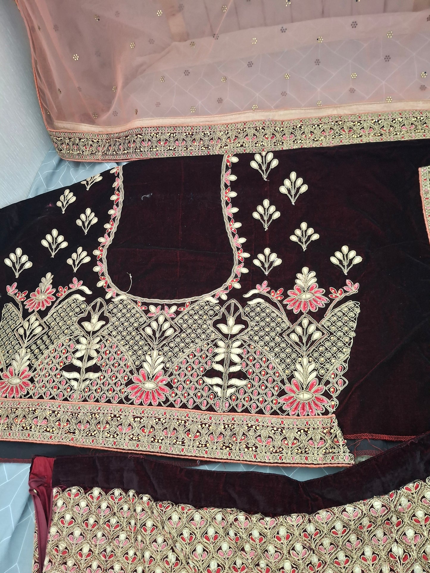 Burgundy velvet lehenga