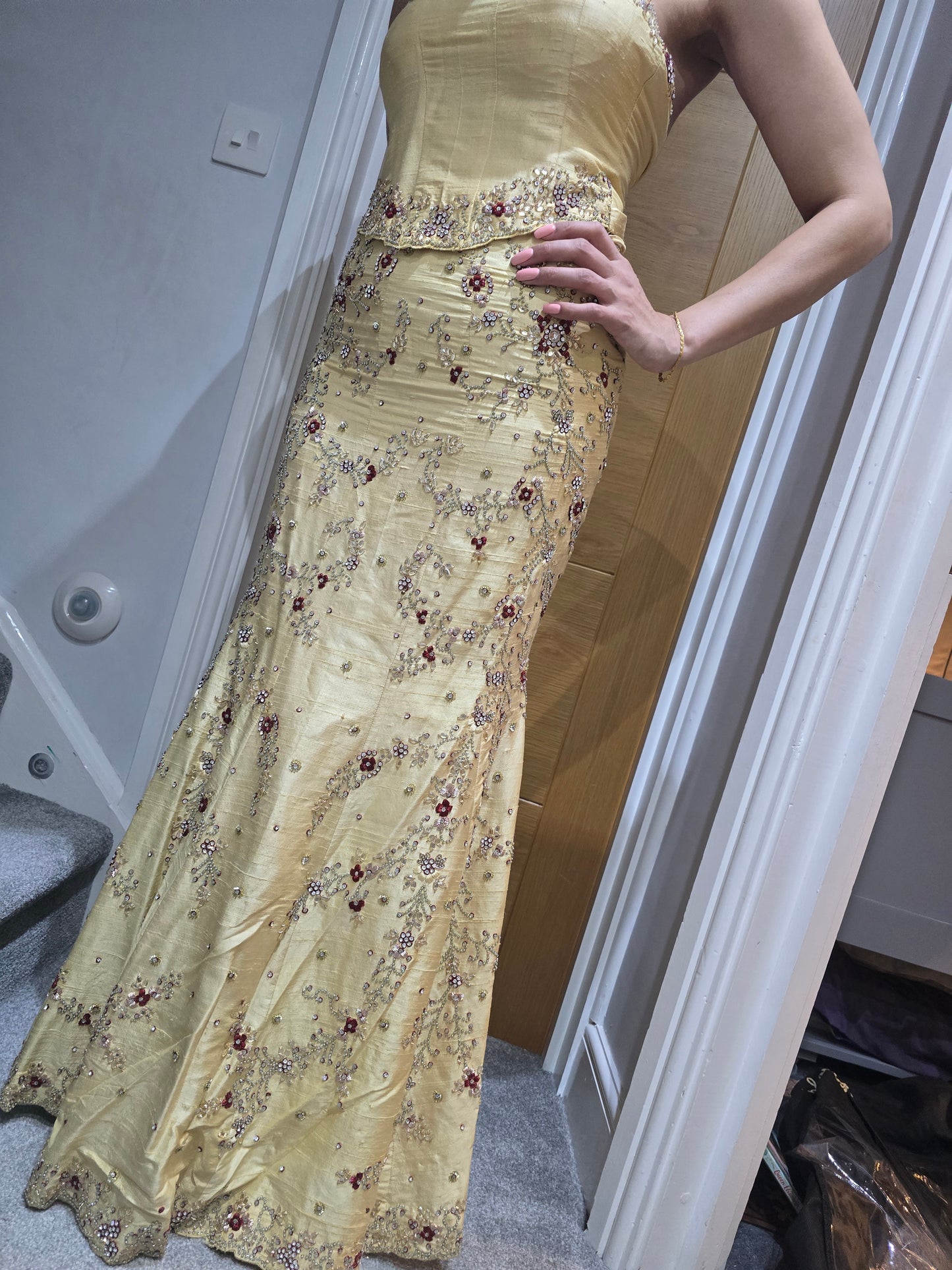 Gold silk halter neck length size 8