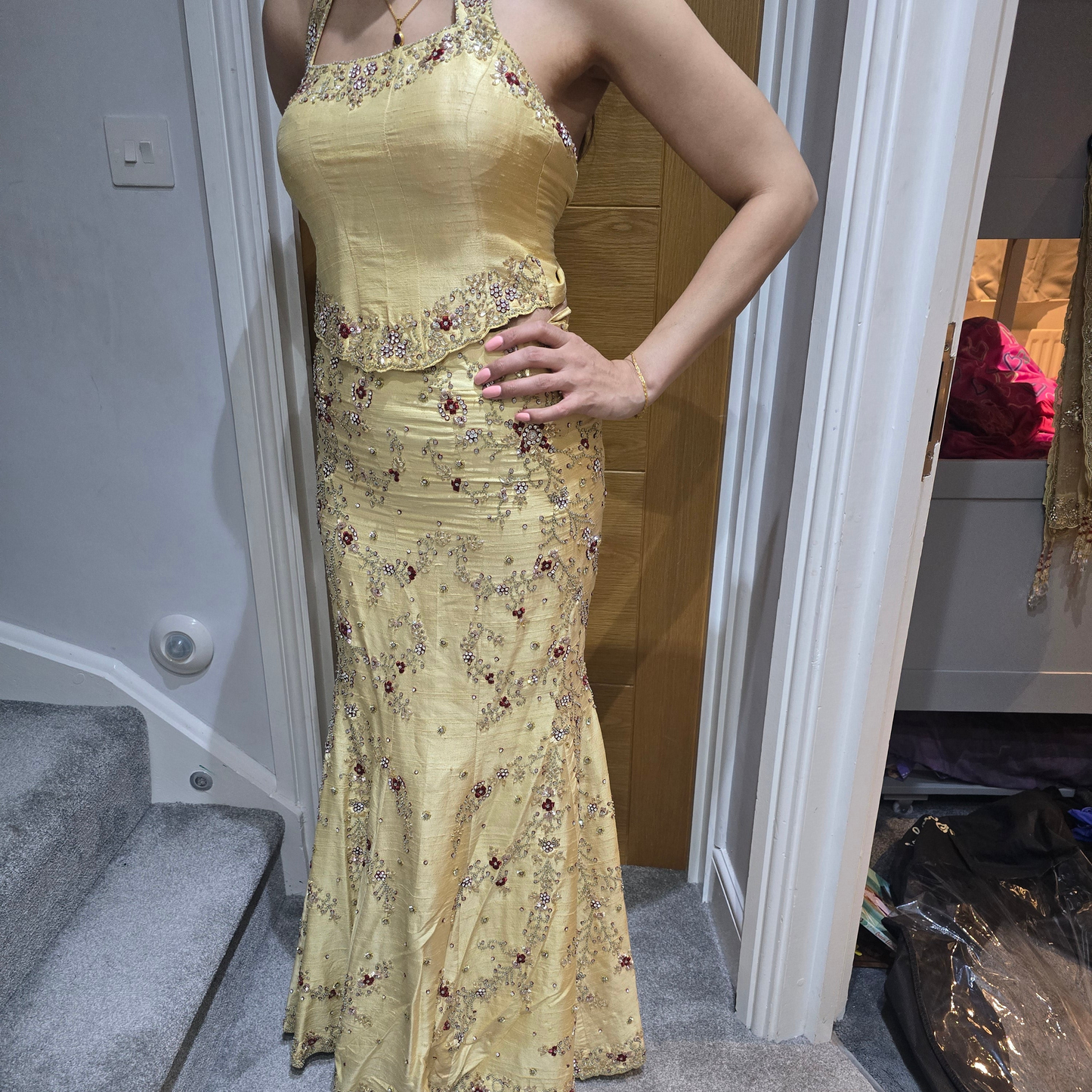 Gold silk halter neck length size 8