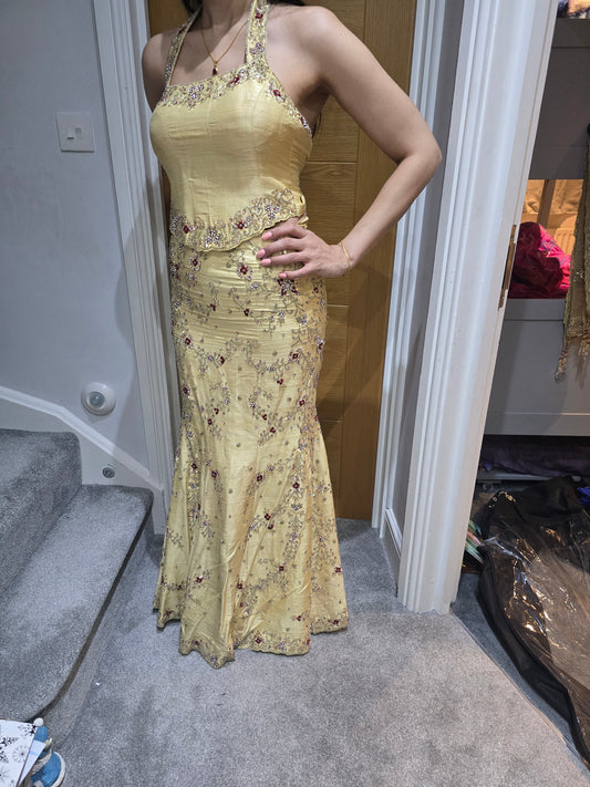 Gold silk halter neck length size 8