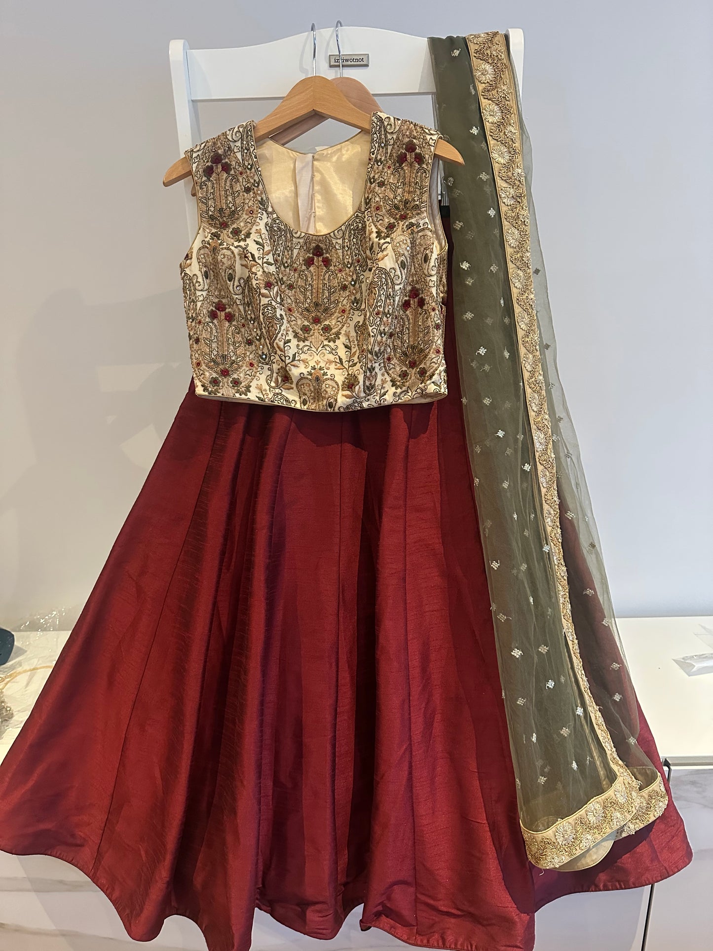 Classic preloved burghandy lehenga with cream embroidered top