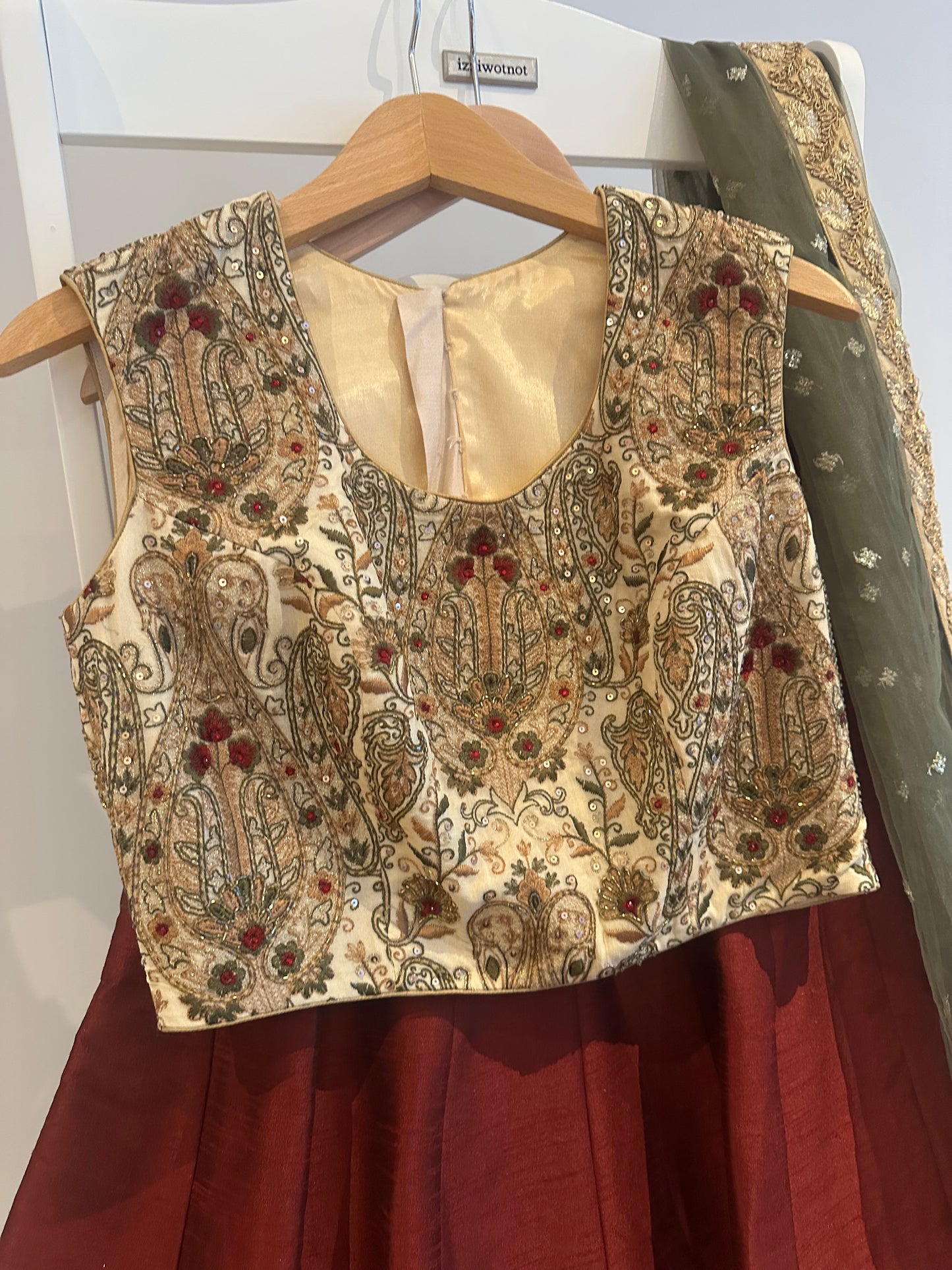 Classic preloved burghandy lehenga with cream embroidered top