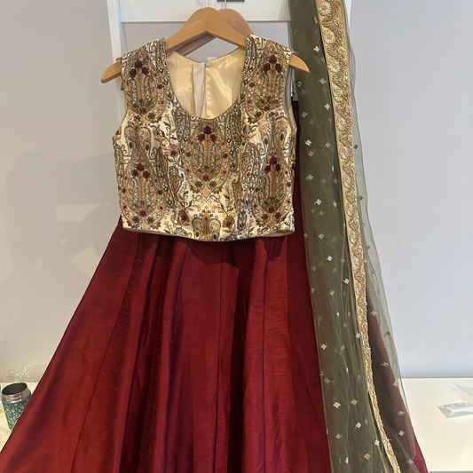 Classic preloved burghandy lehenga with cream embroidered top
