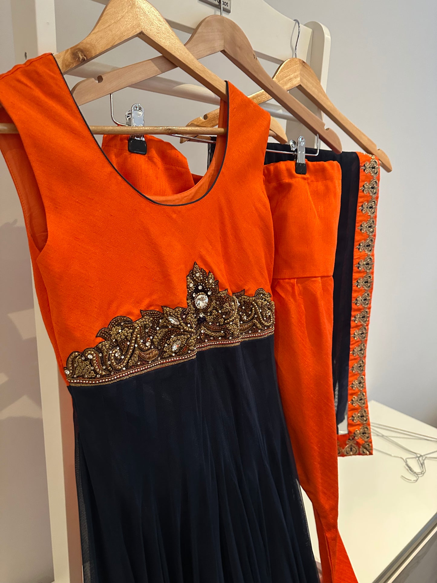 Preloved orange and navy anarkali suit set.