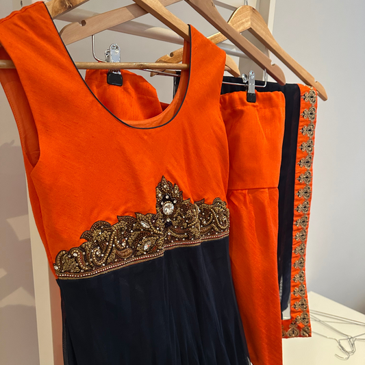 Preloved orange and navy anarkali suit set.