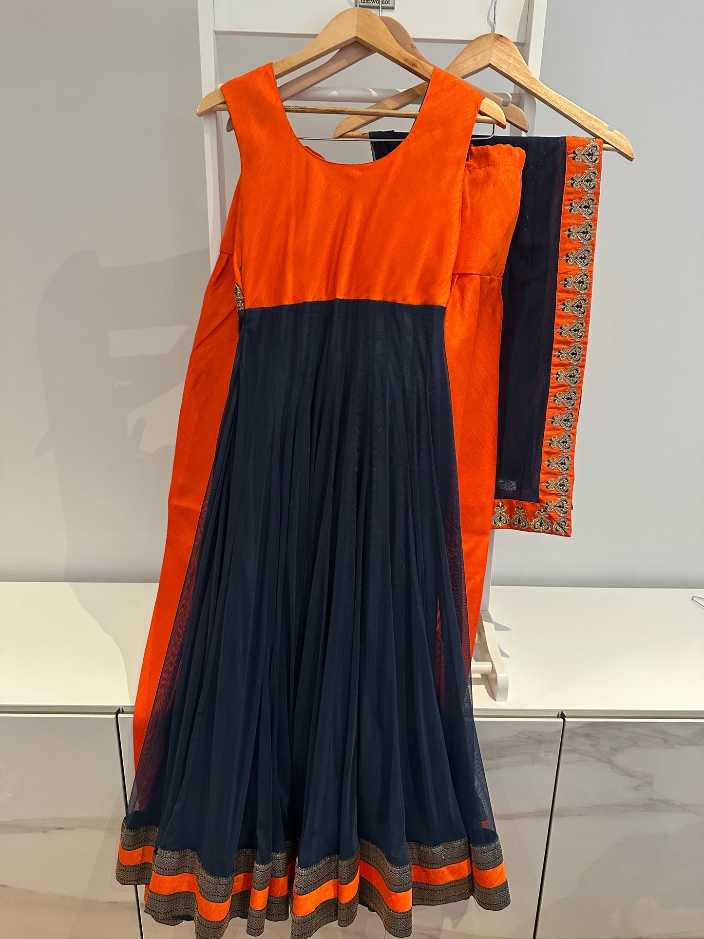 Preloved orange and navy anarkali suit set.