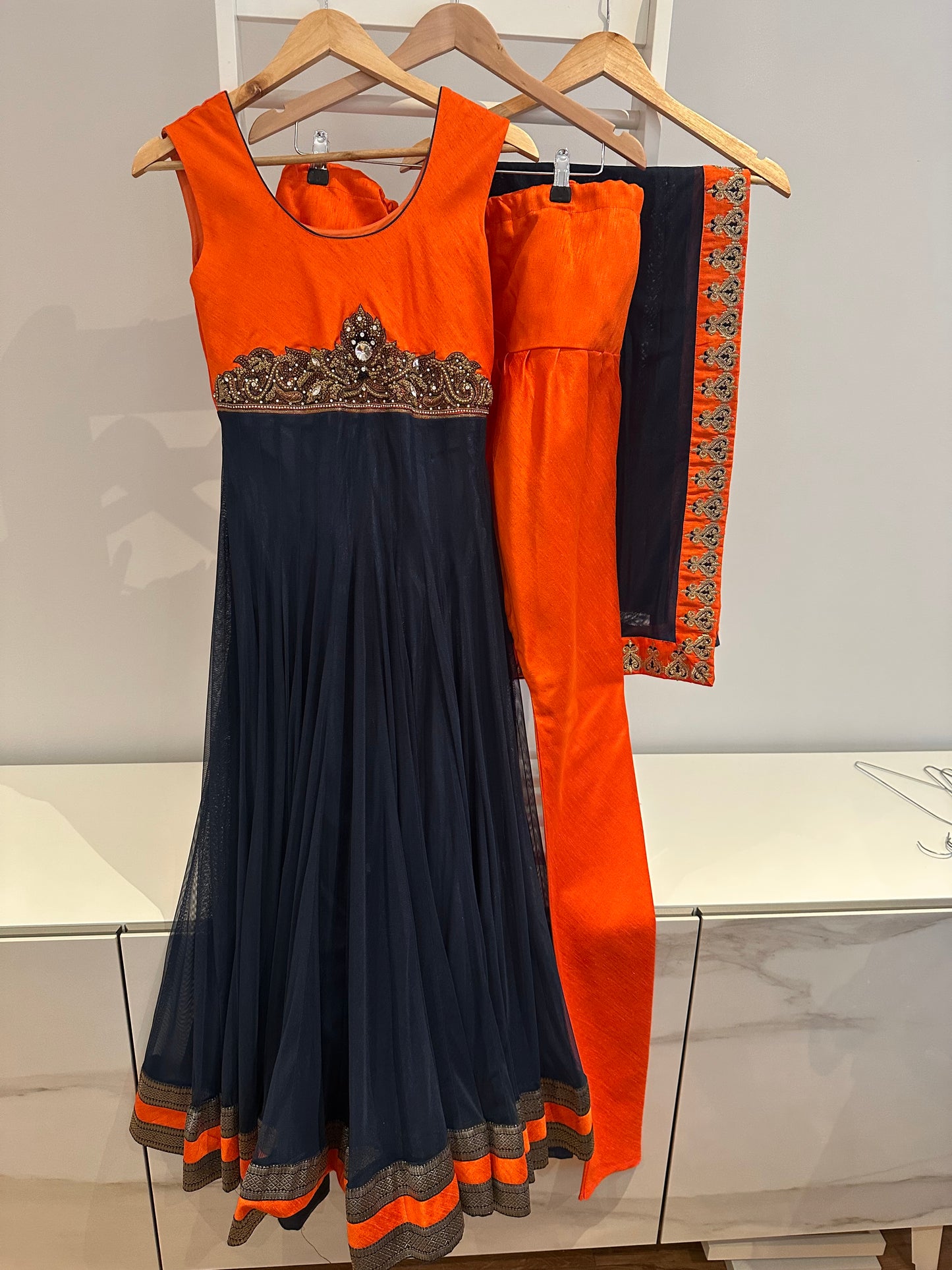 Preloved orange and navy anarkali suit set.