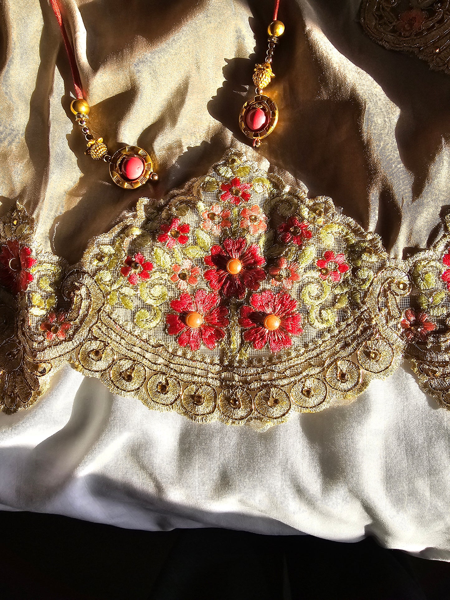 Beige / Pink Embroidered 3 piece  Saree set