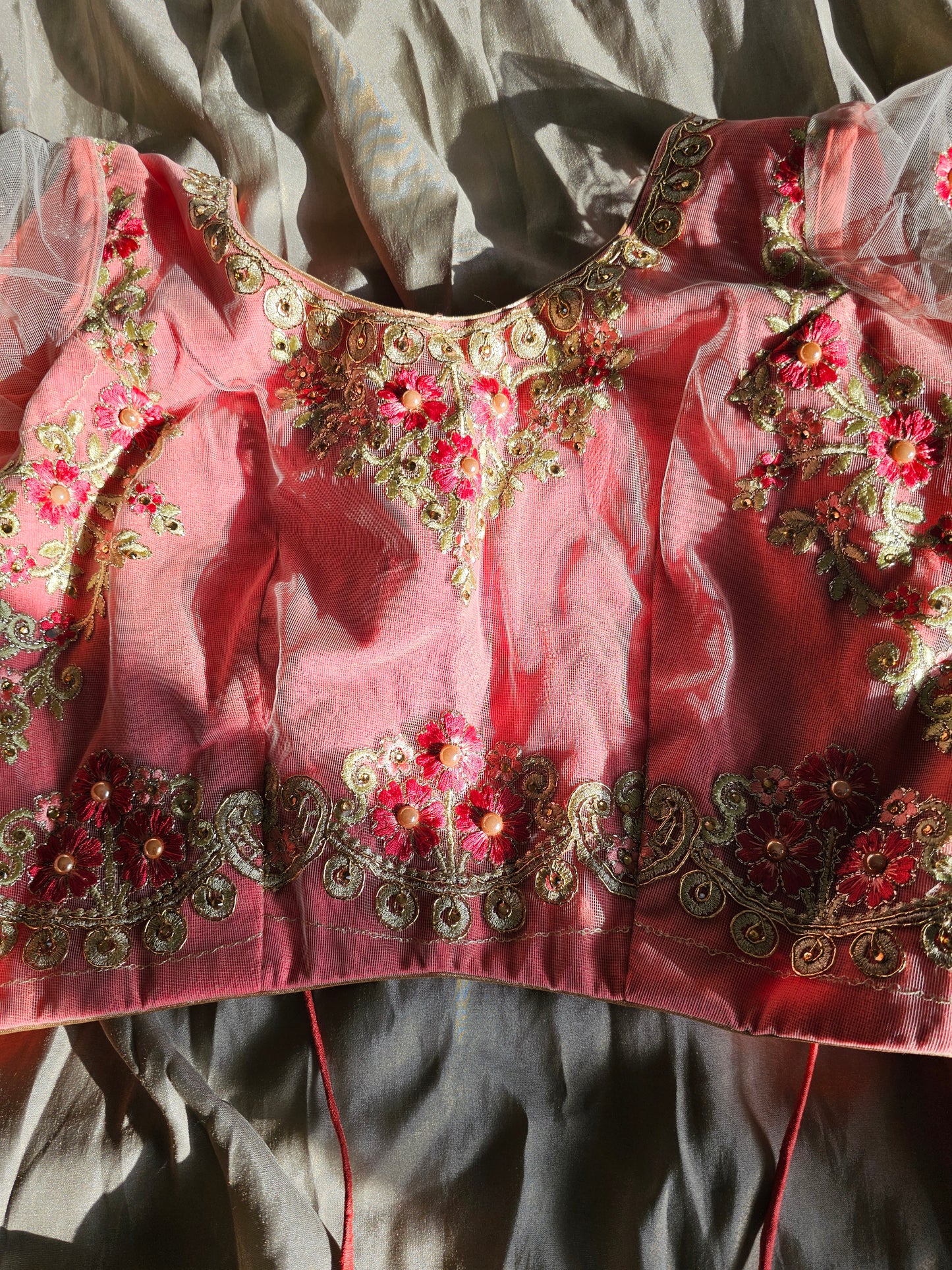 Beige / Pink Embroidered 3 piece  Saree set