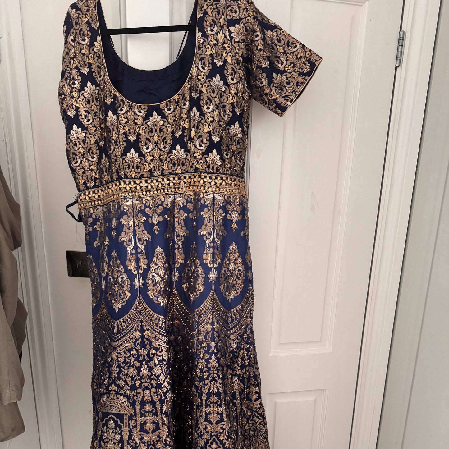 Elegant Navy & Gold Brocade Maxi Dress