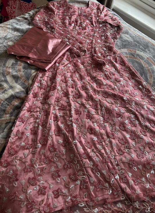 Stunning Rose Pink Heavily Embellished Anarkali / Maxi Dress with Trousers