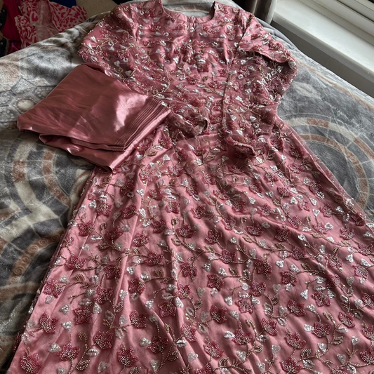 Stunning Rose Pink Heavily Embellished Anarkali / Maxi Dress with Trousers