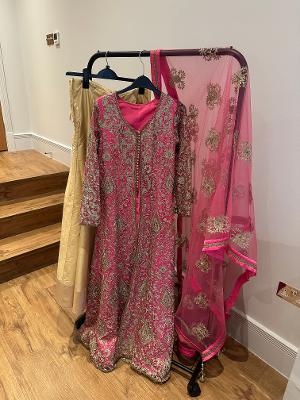 Preloved pink anarkali gold lehenga set