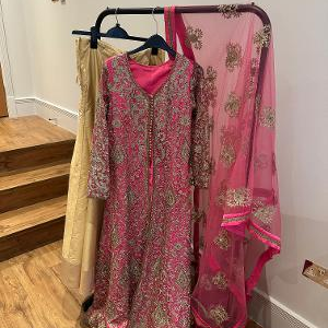 Preloved pink anarkali gold lehenga set