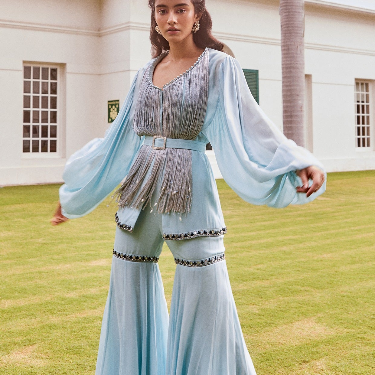 Sanya Gulati preloved ice blue peplum sharara outfit