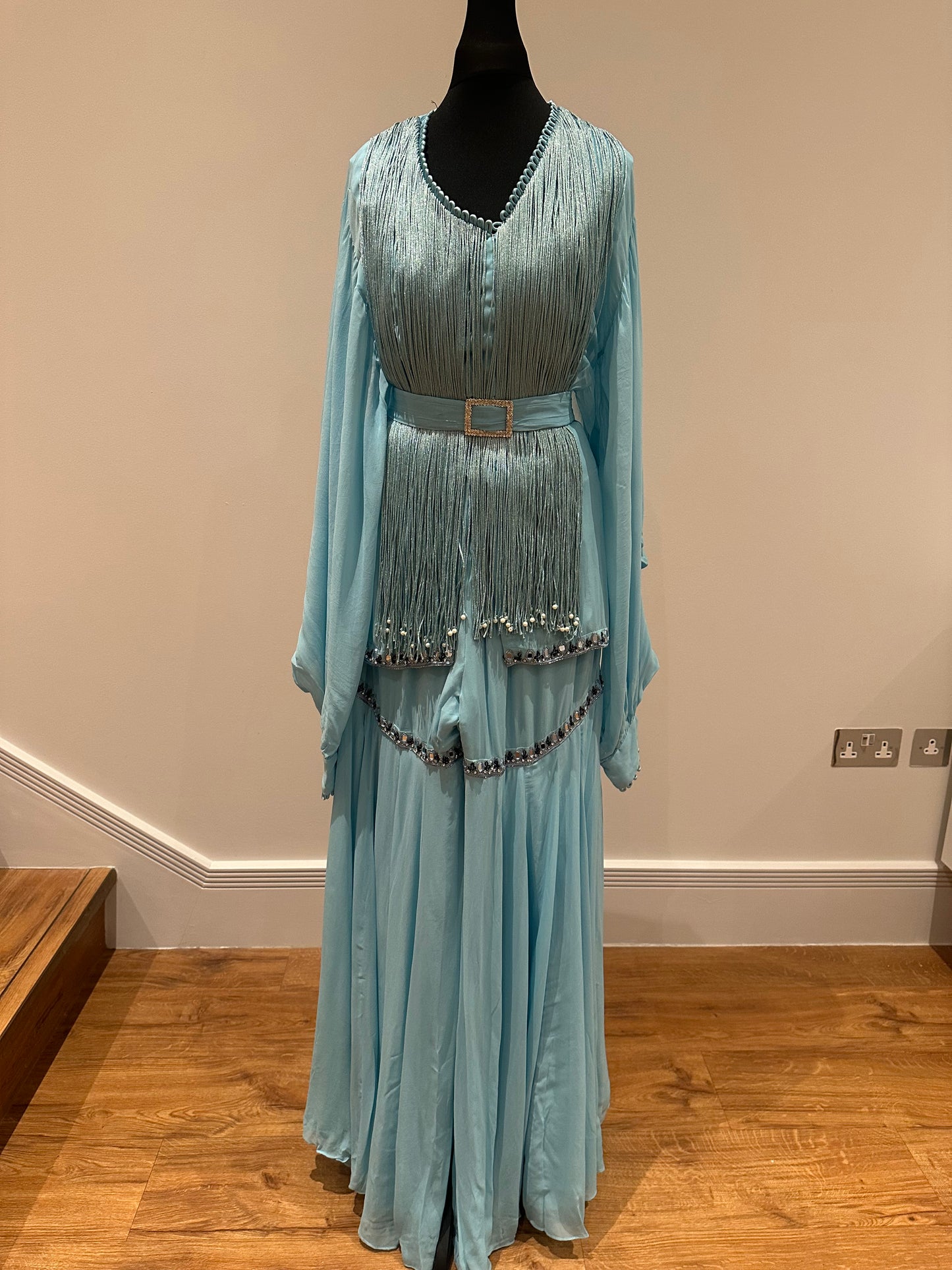 Sanya Gulati preloved ice blue peplum sharara outfit
