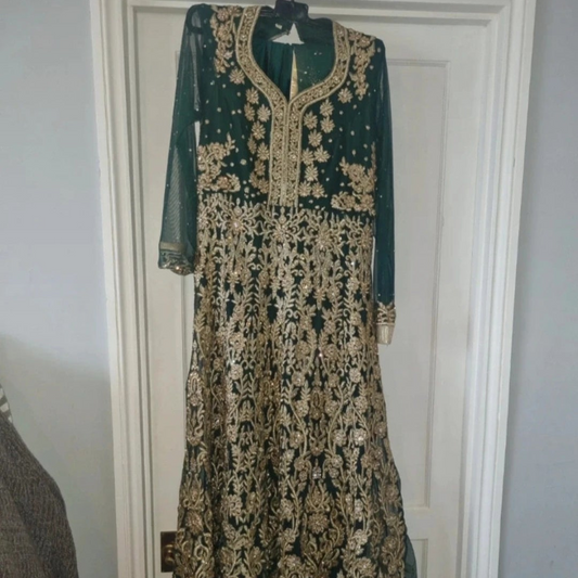 Sequins Embroidered Dark Green Silk A Line Anarkali Suit