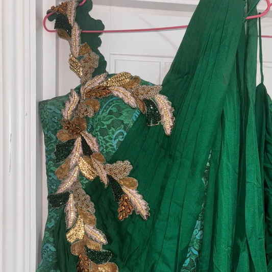 Emerald green corset sari with embroidery