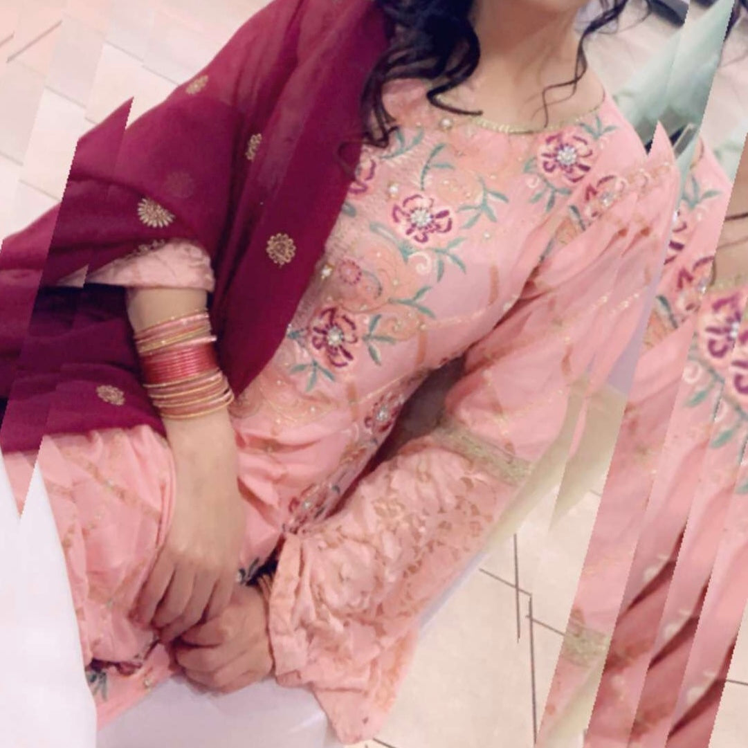 Elegant Baby Pink Embroidered Pakistani Shalwar Kameez Suit with Contrasting Maroon Dupatta