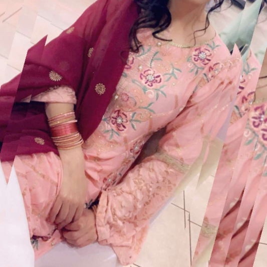 Elegant Baby Pink Embroidered Pakistani Shalwar Kameez Suit with Contrasting Maroon Dupatta