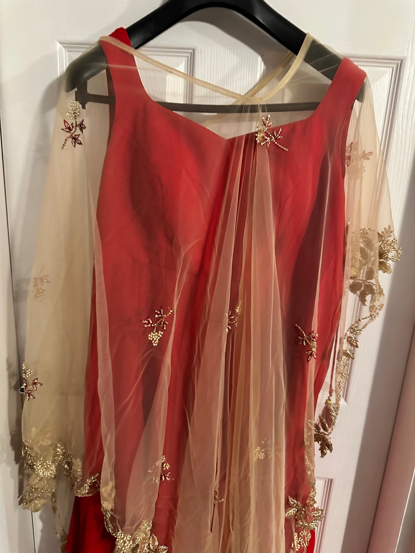 Red anarkali dress with gold cape - Large