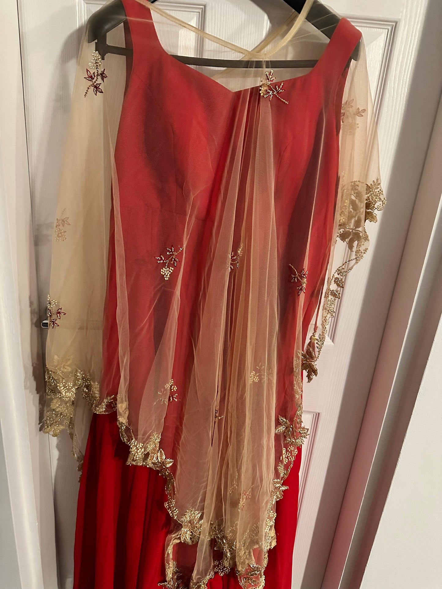 Red anarkali dress with gold cape - Large