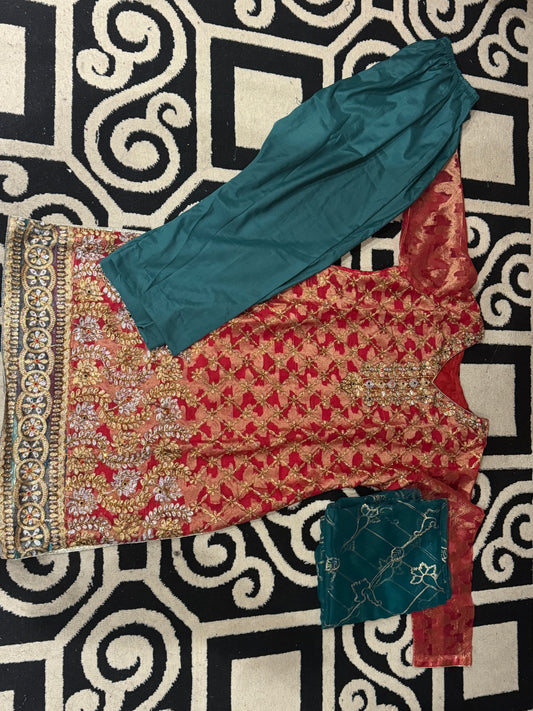 Elegant Red & Teal Embroidered Desi Suit Set