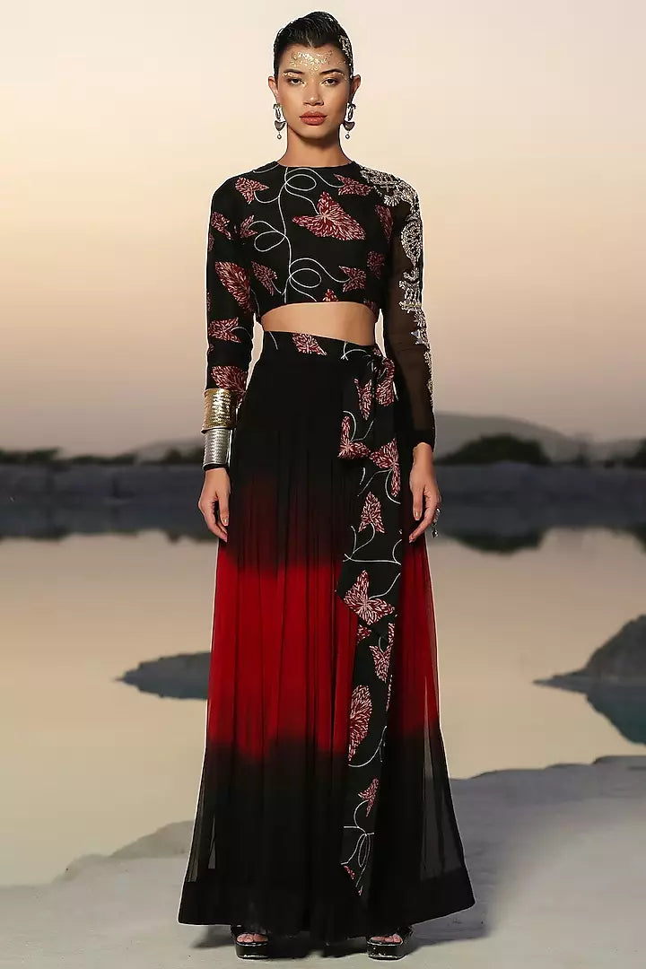 Black & Red Shaded Chiffon Skirt Set - NEW
