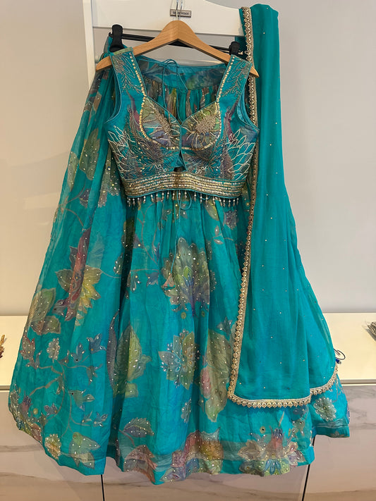 Brand new unworn chiffon turquoise and green lehenga