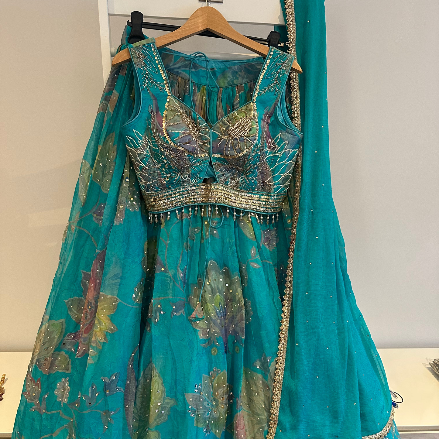 Brand new unworn chiffon turquoise and green lehenga