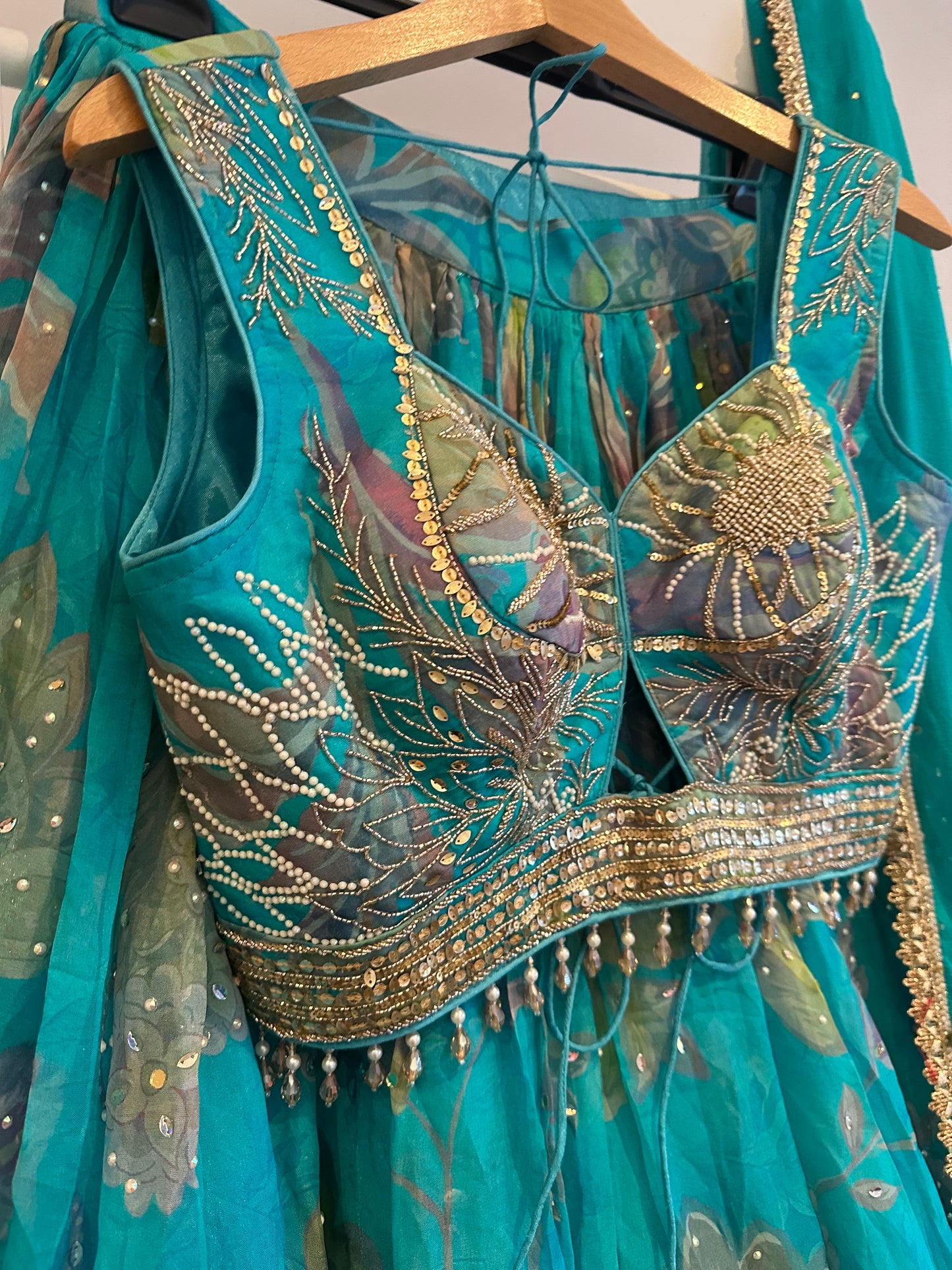 Brand new unworn chiffon turquoise and green lehenga