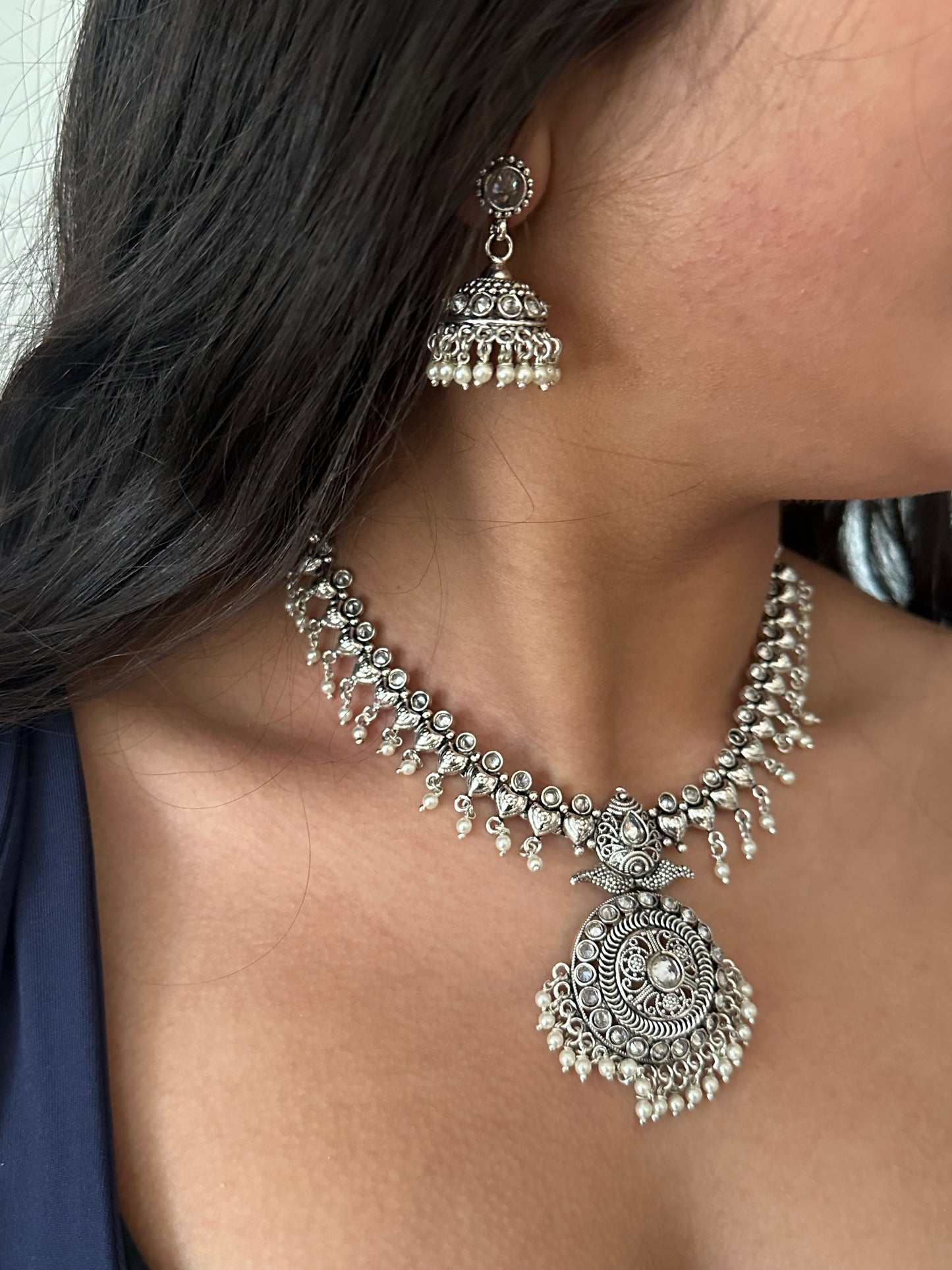 The Jewellery Trunk Jhumka earrings silver and pendant necklace