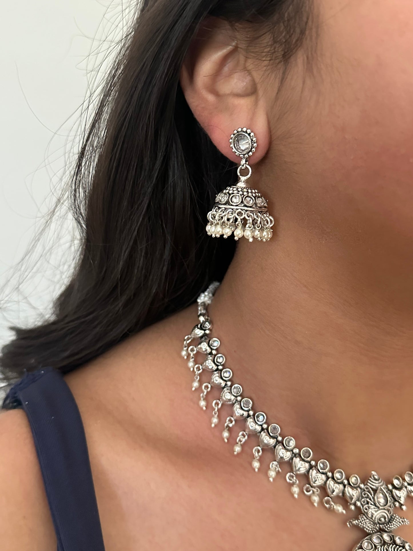 The Jewellery Trunk Jhumka earrings silver and pendant necklace