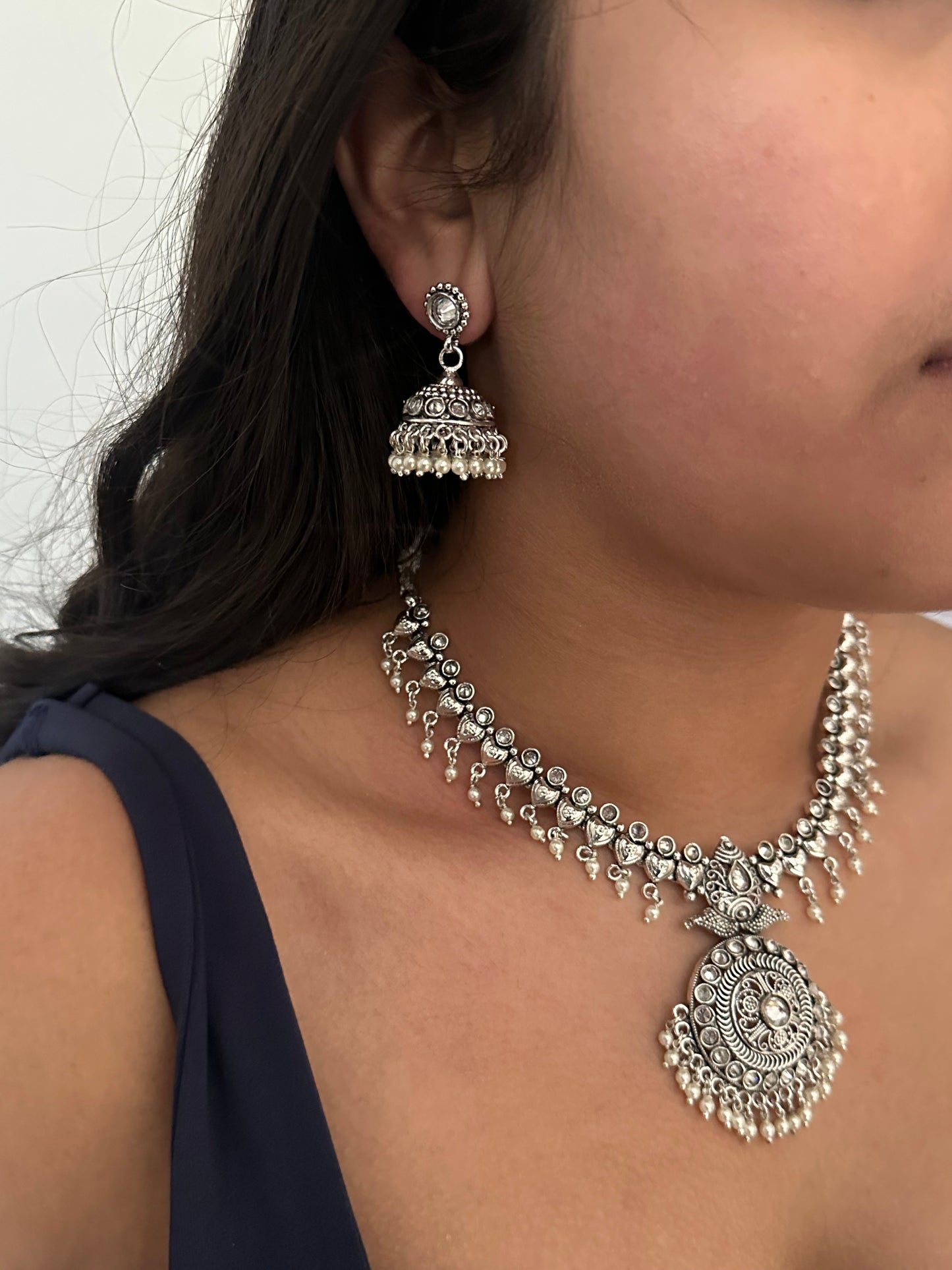 The Jewellery Trunk Jhumka earrings silver and pendant necklace