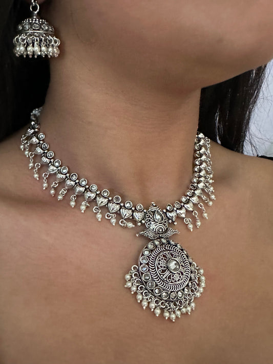The Jewellery Trunk Jhumka earrings silver and pendant necklace