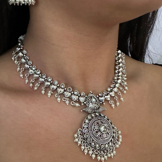 The Jewellery Trunk Jhumka earrings silver and pendant necklace