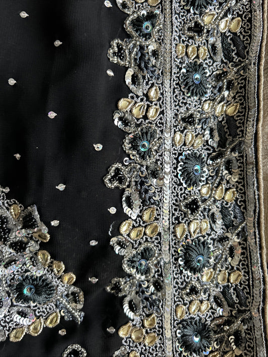Black silver  sequin sari