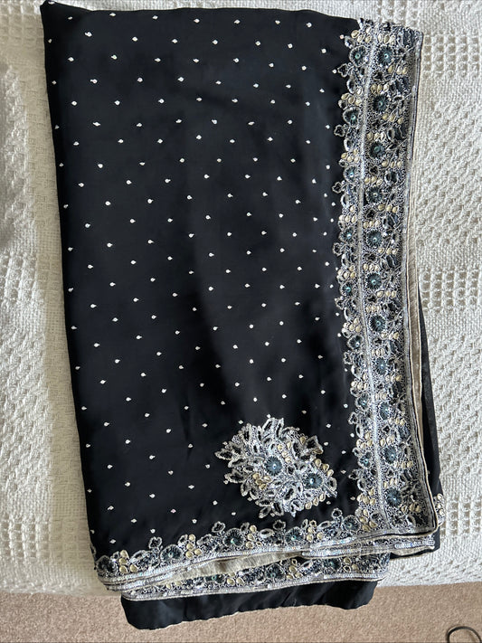 Black silver  sequin sari