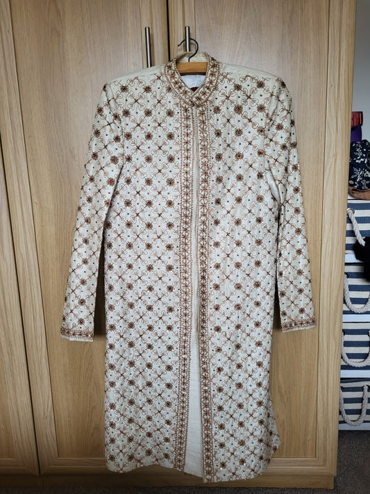 Mens Off White/Cream Embellised and Embroidered Sherwani