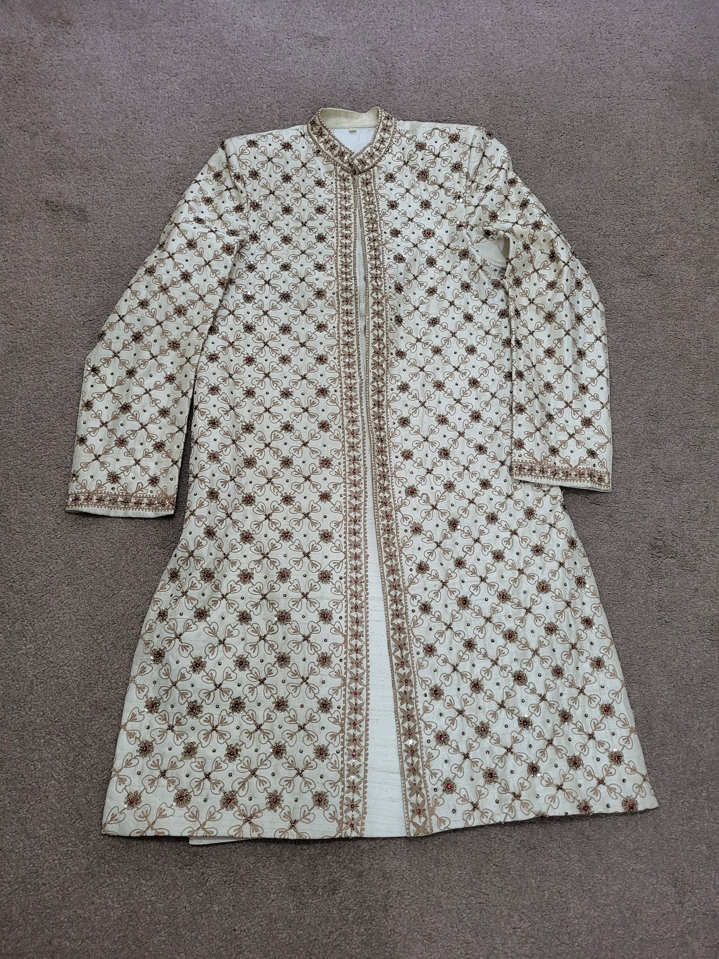 Mens Off White/Cream Embellised and Embroidered Sherwani