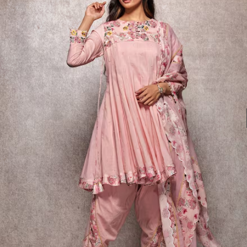 Ajiesh Oberoi Pink Kota Doria, Mulmul Round Embroidered Kurta And Dhoti Pant Set